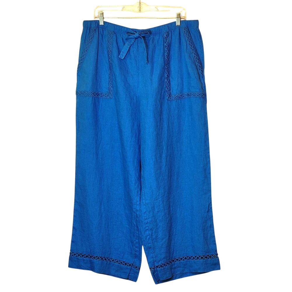 Joie Linen Wide Leg Pull On Cropped Pants Elastic Tie Waist Royal Blue XL - Picture 12 of 12